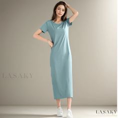 Lasaky - Loose-Fit, Knee-Length Short-Sleeve Dress with Round Neck, Perfectly Paired with a Long Shirt Dress Basic Skirt, Split Design, Knee Length Shorts, Home Dress, Crewneck Dress, Long Shirt Dress, Basic Outfits, Long Shirt, Types Of Skirts