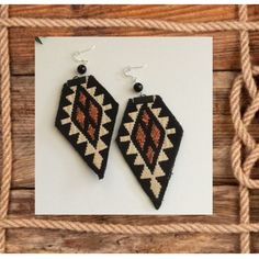 Beautiful Handcrafted Woven Southwestern Earrings, Made With Black Agate Gemstone And Sterling Silver Earring Hooks. Statement Earrings 5” Long, New!