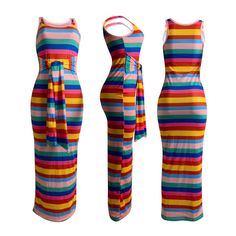 Colorful Stripes Strappy Tank Ankle-length Maxi Dress Sleeveless Multicolor Patterned Midi Dress, Multicolor Sleeveless Midi Dress With Colorful Pattern, Multicolor Midi Dress For Beach Season, Summer Multicolor Maxi Dress With Colorful Pattern, Multicolor Summer Midi Dress With Colorful Pattern, Multicolor Patterned Maxi Dress For Summer, Vibrant Multicolor Maxi Dress For Spring, Colorful Sleeveless Sundress Maxi Dress, Colorful Sleeveless Maxi Dress For Beach Season