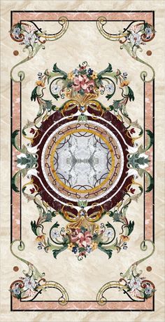 an intricately designed rug with flowers and leaves in the center, on a beige background