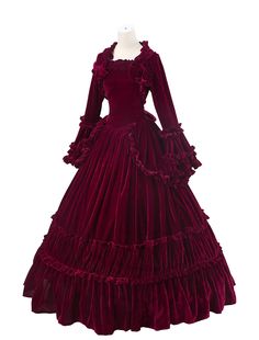 Princess Style Dresses With Ruffles For Cosplay, Red Princess Dress With Fitted Bodice, Long Sleeve Victorian Dress For Halloween, Long Sleeve Victorian Dress For Halloween Wedding, Long Sleeve Victorian Dress For Wedding And Halloween, Cosplay Event Dresses With Ruffles, Red Princess Style Fitted Ball Gown, Ball Gown Dress With Ruffles For Costume, Gothic Victorian Ball Gown For Party