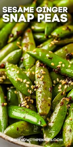 sesame ginger snap peas in a white bowl with sesame seeds on top and the title overlay reads sesame ginger snap peas