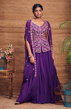 Aneesh Agarwaal-Purple Peplum Cape Sharara Set-INDIASPOPUP.COM Cape Outfits For Women Indian, Purple Sharara Designs, Purple Suit Women Indian, Purple Indian Outfit, Purple Sharara Suit, Lehanga Blouses Modern Design, Contemporary Lehenga, Purple Sharara, Aneesh Agarwaal