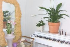 a white piano sitting next to a potted plant