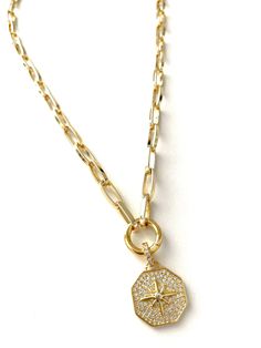 FAST FREE SHIPPING!   18K Gold Plated/Gold Filled Pave CZ North Star Pendant Necklace   Available in 16, 17, 18 or 20 inches with 2 inch adjustable extender Lobster clasp. Pave North Star Charm With beautiful CZ Bale measures 17 x 15mm Click ring charm holder opens allowing you to wear beach lace with pendant or charm of your choice. Compass Pendant, Charm Holder, Star Pendant Necklace, Necklace Charm, Trombone, North Star, Star Charms, Star Pendant, Gold Gold