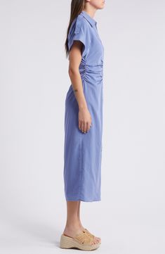 Elegant ruching defines the waist of a refined shirtdress built with clean lines and simple details to offer minimalist charm. 51 1/2" length (size medium) Front button closure Spread collar Short sleeves 65% rayon, 26% nylon, 9% elastane Hand wash, line dry Imported Cotton V-neck Ruched Midi Dress, Cotton Ruched V-neck Midi Dress, Cotton Ruched Midi Dress For Brunch, Cotton Ruched Midi Dress For Day Out, Casual Midi Dress With Smocked Back And Relaxed Fit, Casual Cotton Midi Dress With Pleated Waist, Spring Midi Dress With Smocked Back For Work, Daywear Midi Dress With Pleated Waist, Solid Color Midi Dress With Pleated Waist For Daywear