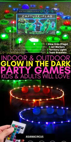 an advertisement for glow in the dark party games with lights and remotes on it