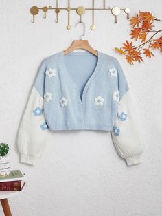 Azul y blanco Casual Collar manga larga Tela Color combinado,Floral  Embellished Elástico Ligero Color Block Cardigan, Cute Preppy Outfits, Cute Everyday Outfits