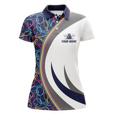 a women's polo shirt with an abstract design on the front and back side