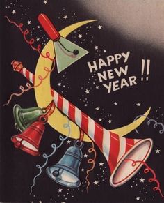 a happy new year greeting card with bells and stars on the night sky, next to a crescent