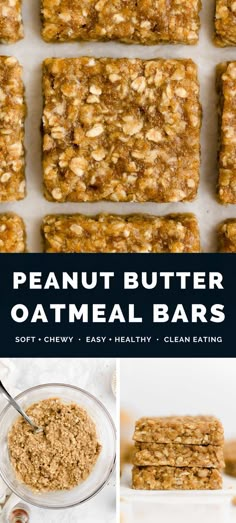 peanut butter oatmeal bars are stacked on top of each other and ready to be eaten