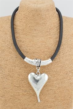 Magnetic Closure Heart Leather Necklace 2.5" Rhodium Heart Lead Free Nickel Free Casual Silver Jewelry With Heart Charm, Casual Silver Heart-shaped Jewelry, Casual Silver Jewelry For Valentine's Day, Leather Necklace, Magnetic Closure, Magnets, Silver Necklace, Silver, Leather