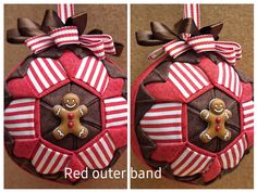 two pictures of red and white ornaments with gingerbreads on them