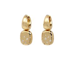 With their modern movement and subtle sparkle, these Kloto earrings are unlike anything in your collection. The polished, tapered 18K yellow gold hoops sit right under the ear and attach to 18K yellow gold latch backs. A rectangular, polished 18K yellow gold drop is covered in a surface of tiny diamonds and dangles below for a hint of unexpected movement. total length : 1"18K yellow gold hoop width : 3mm to 5.5mm18K yellow gold and diamond drops : 1/2" x 3/8"diamonds : vary : 1mm diameter to 2mm Lock Earrings, Flush Setting, Bling Accessories, Golden Sun, Tiny Diamond, Diamond Drops, Jewellery Design, Gold Hoops, Ear Jewelry