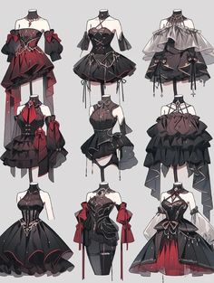 several different types of dresses on mannequins with red and black ribbons hanging from them