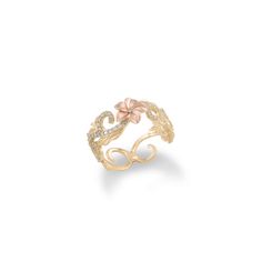 Adorned with tropical flowers, ferns, leaves and intricate scrollwork, our unique Hawaiian Heirloom designs are cherished Island keepsakes with tradition that traces back to Hawai‘i’s Queen Lili'uokalani. Hawaiian Heirloom Plumeria Design Ring 14k Yellow Gold and 14k Rose Gold 8mm Natural Diamond: 0.408 CTW Additional sizes available for special order, contact us Exclusively Made in Hawaiʻi Forever Guarantee (Warranty on the life of the piece) Free Shipping on USA Orders $100 or more Hibiscus Ring, Hawaiian Earrings, Plumeria Design, Hawaiian Wedding Rings, Flower Wedding Ring, Heirloom Rings, Hawaii Jewelry, Hawaiian Jewelry, Tropical Flowers