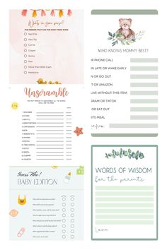 the printable baby shower checklist is shown in green, pink and yellow colors