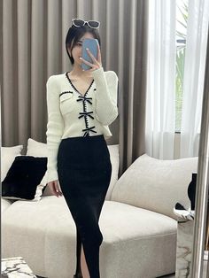 Welcome To Kukombo Store! Pencil Skirt Fashion, Big Skirts, Slim Blouse, Knit Shirt Dress, Banquet Dresses, Autumn Casual, Y2k Clothing, Casual Stripes, Office Lady