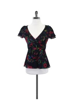 Current Boutique-Nanette Lepore - Black Red, Blue & Green Floral Top Sz 4 Floral Print V-neck Top For Evening, Black Silk Top With Ruffles, Black Silk Ruffled Top, Multicolor Silk Tops For Evening, Multicolor Formal Tops For Summer, Formal Multicolor Summer Tops, Silk Floral Print Top For Evening, Silk Floral Print Evening Tops, Elegant Fitted Multicolor Tops