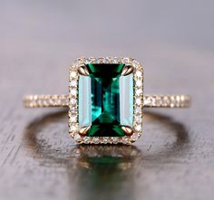 $459 Emerald Shape Emerald Engagement Ring Pave Diamond Wedding 14K Yellow Gold 7x9mm Engagement Ring Pave, Gem Rings, Ruby Wedding Rings, Micro Pave Ring, Pave Engagement Ring, Gem Ring, Emerald Engagement, Pave Ring