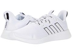 adidas Running Puremotion - Women's Shoes : White/White/Black : Rack up the miles with the lightweight performance of the adidas Running Puremotion shoes! Support Type: Natural. Cushioning: Lightweight, flexible response. Differential: 8.5 mm. Mélange mesh upper. Lace-up closure. Bootie design with front pull-tab. Thin, comfortable tongue and collar. Smooth fabric lining offers a great in-shoe feel. Ortholite float sockliner adds comfort. Wider forefoot platform for natural support during versat Tennis Shoes Black, Black Rack, Adidas Tennis Shoes, Adidas Tennis, Crocs Clogs, Adidas Brand, Shoes Teen, Black Lines, Black Shoes Women