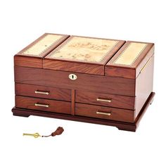 a wooden box with two drawers and a key