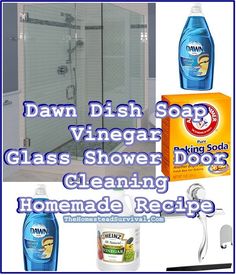 various cleaning products are shown with the words dawn dish soap vinegar glass shower cleaning homemade recipe