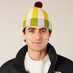 MoMA Exclusive: From everyone's favorite color specialist, designer Ellen Van Dusen, comes this cozy cotton beanie that packs a big style statement. Sporting Dusen Dusen's famous color combinations in vibrant stripes�and a pom-pom�this beanie is a great way to level-up any fall or winter look. One size fits most. Machine-wash cold, tumble dry low.Shop the matching Dusen Dusen Reversible Striped Cotton Scarf, sold separately here. Retro Winter Hat One Size, Winter Cotton Hats, Trendy Multicolor Fall Hat, Winter Cotton Beanie, One Size, Trendy Multicolor Winter Beanie, Multicolor Casual Fall Hats, Casual Multicolor Fall Hat, Winter Knitted Cotton Hat, Retro Winter Beanie Hat