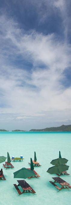 many umbrellas and lounge chairs are in the shallow blue water on an ocean beach