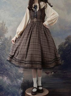 ❤Forest Brown Check Belt V-Neck Dress❤︎ Brown Cottage Dress, Cute Victorian Dress, Cottagecore Casual Dress, 1920s Safari Fashion, Brown Cottagecore Aesthetic Outfits, Cute Brown Clothes, Light Acedamia Aesthetic Clothing, Cute Brown Clothes Aesthetic, Steampunk Fashion Women Everyday