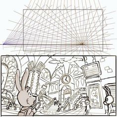 an image of a cartoon scene with lines coming from the top and bottom half of it