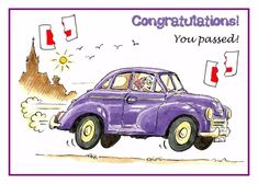 a purple car driving down the road with congratulations written on it