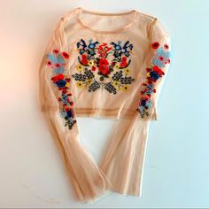 Missguided Nude Mesh Top With Floral Overlay. Would Be Great For Festival/Show! Never Worn. Bohemian Sheer Top For Spring, Spring Stretch Tops With Floral Embroidery, Sheer Tops For Spring Festival, Floral Mesh Top, Floral Overlay, Be Great, Mesh Top, Floral Tops, Size 4