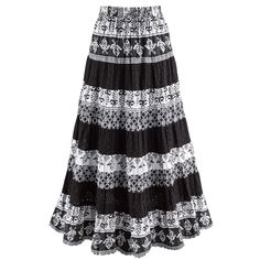 A breezy skirt that coordinates with every top in your closet. Stripes of bold black-and-white patterns adorn this tiered skirt; the lightweight eyelet fabric drapes beautifully from an elastic drawstring waist. Hand wash. 100% cotton. Imported. S(6-8), M(10-12), L(14-16), XL(18), 1X(18W-20W), 2X(22W-24W), 3X(26W); 36"L. Cotton Tiered Skirt For Vacation, Tiered Cotton Skirt For Vacation, Broomstick Skirt, Skirt Tiered, Long Floral Skirt, Eyelet Skirt, Mixed Patterns, Bohemian Skirt, Boho Skirt