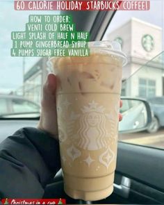 someone is holding up a starbucks drink in their car with instructions on how to order