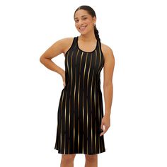 Black with Gold Vertical Lines no Made for total comfort in any situation, the 96% poly and 4% jersey-knit fabric blend feels soft to the touch and  makes for an excellent wearing experience.  These dresses are all-over-print so you can create incredible patterns and fresh designs at the push of a button. Available in 6 sizes with an option of white or black seam thread color.  Key features High-cut neckline Scoop-shaped and high-cut neckline Vibrant colors The latest printing techniques provide Colors Matching, Color Key, Semi Formal Dress, Vertical Lines, Racerback Dress, Cocktail Party Dress, Dress Gift, Fresh Design, Jersey Knit Fabric