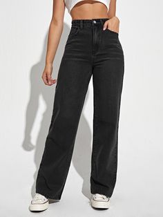 Shein Black Jeans, Shein Jeans Outfit, Straight Jeans High Waisted, Straight Jeans Outfit, Straight Leg Jeans Outfits, Shein Jeans, Shein Brasil, Jeans Outfit Women, Shein Pants