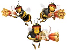 three bees are flying through the air with fire extinguishers on their backs