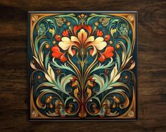 an artistic painting on wood with flowers and leaves in blue, red, yellow and orange colors