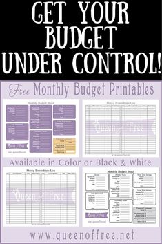 the get your budget under control printable is shown in purple and black with text that reads