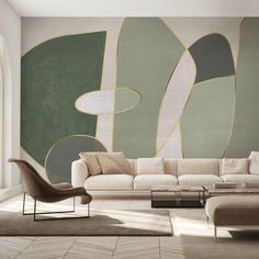 a modern living room with an abstract painting on the wall