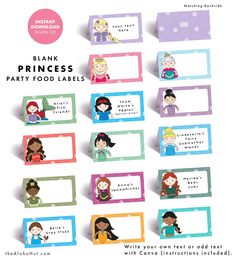 printable princess party food labels for kids to use as place cards or gift tags