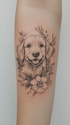 Dog Memorial Tattoo, Hummingbird Flower Tattoos, Dog Tattoo Design, Golden Retriever Tattoo, Black And White Flower Tattoo, Retriever Tattoo, Dog Portrait Tattoo, Dog Tattoo Ideas, Cowgirl Tattoos