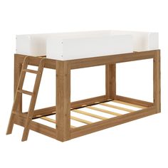 a wooden bunk bed with a white mattress on it's bottom and ladder to the top