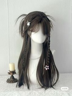 Pretty Victorian Hairstyles, Weird But Cute Hairstyles, Front Hair Tied Back, Cute Hair Styles Korean, Hairstyle With Accessory, Cute Hair For Brown Hair, Hair Inspo Birthday, Hairstyles For Hime Haircut, Hair Ideas Unique