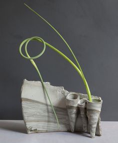 a white vase with two green plants in it on top of a wooden block next to a gray wall