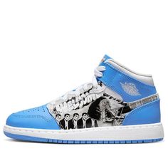 The Air Jordan 1 Mid 'Game Winner' is a stylish and iconic sneaker. Its unique side-printed photo inspired the design, featuring a striking combination of powder blue and white college colors. The iconic Jumpman logo is immortalized on the special woven tongue overlay, while the tongue itself features a basketball-inspired pattern. Perfect for any activity, this sneaker is sure to turn heads. It's part of the Air Jordan 1 series, which has been a staple of the sneaker world since its inception. (AJ1/SNKR/Retro/Basketball) Streetwear Sneakers With Letter Print And Round Toe, Letter Print Lace-up Sneakers For Streetwear, Letter Print Sneakers With White Sole For Streetwear, White Sole Sneakers With Letter Print For Streetwear, Streetwear Sneakers With Letter Print And White Sole, Casual Sneakers With Graphic Print And White Sole, Letter Print Lace-up Skate Shoes For Streetwear, Retro Blue Basketball Shoes For Streetwear, Retro Blue Mid-top High-top Sneakers