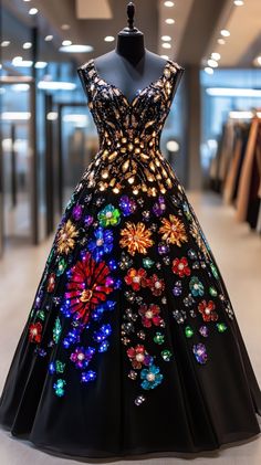 a black dress with multicolored flowers is on display in a store window at night