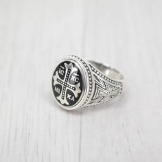 Engraved Medieval Rings, Medieval Engraved Round Rings, Medieval Sterling Silver Engraved Rings, Medieval Engraved Sterling Silver Rings, Black Sterling Silver Signet Ring With Engraving Option, Sterling Silver Medieval Style Rings As Gift, Medieval Style Silver Engraved Ring As Gift, Silver Engraved Cross Ring, Medieval Engraved Signet Ring Gift