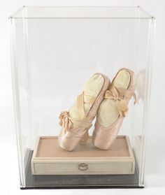 a pair of ballet shoes in a glass case on a wooden platform with a white background